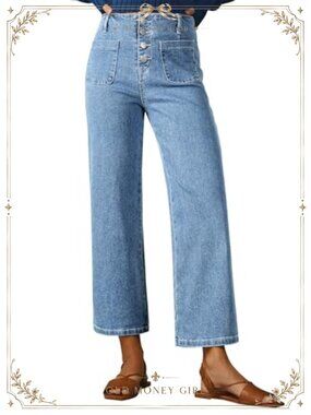 Women's Wide Leg High Waisted Tummy Control Jeans with Pockets